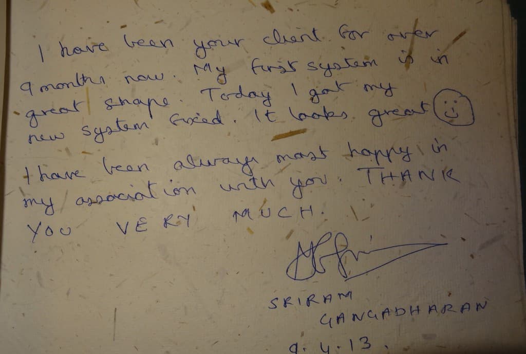 Handwritten testimonial from Sriram Gangadharan