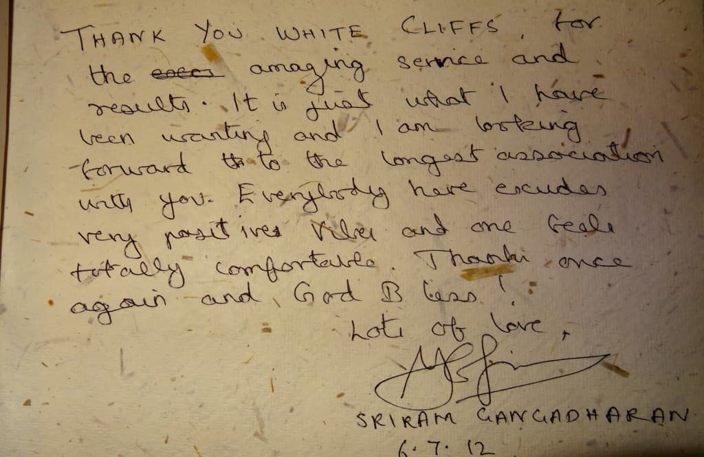 Handwritten testimonial from Sriram Gangadharan